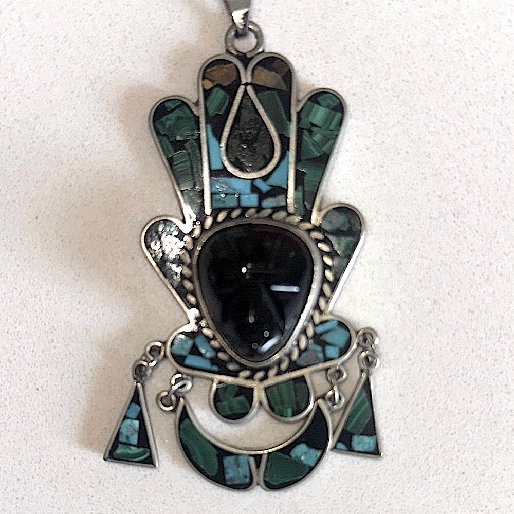 Gorgeous Vintage Aztec Carved Black Jet Onyx Face